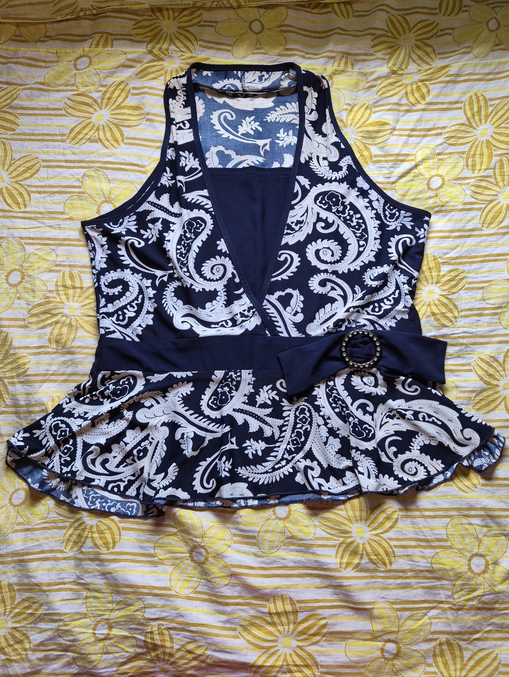 Navy and White Paisley Peplum Tank with Waist Tie